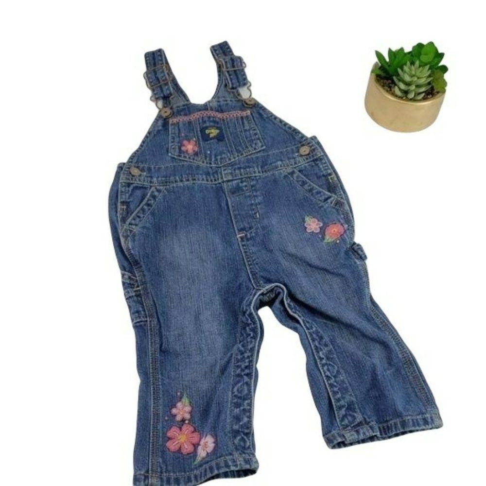 OshKosh B'Gosh Overalls Girl 12 Month Denim Jean Floral Distressed Snaps